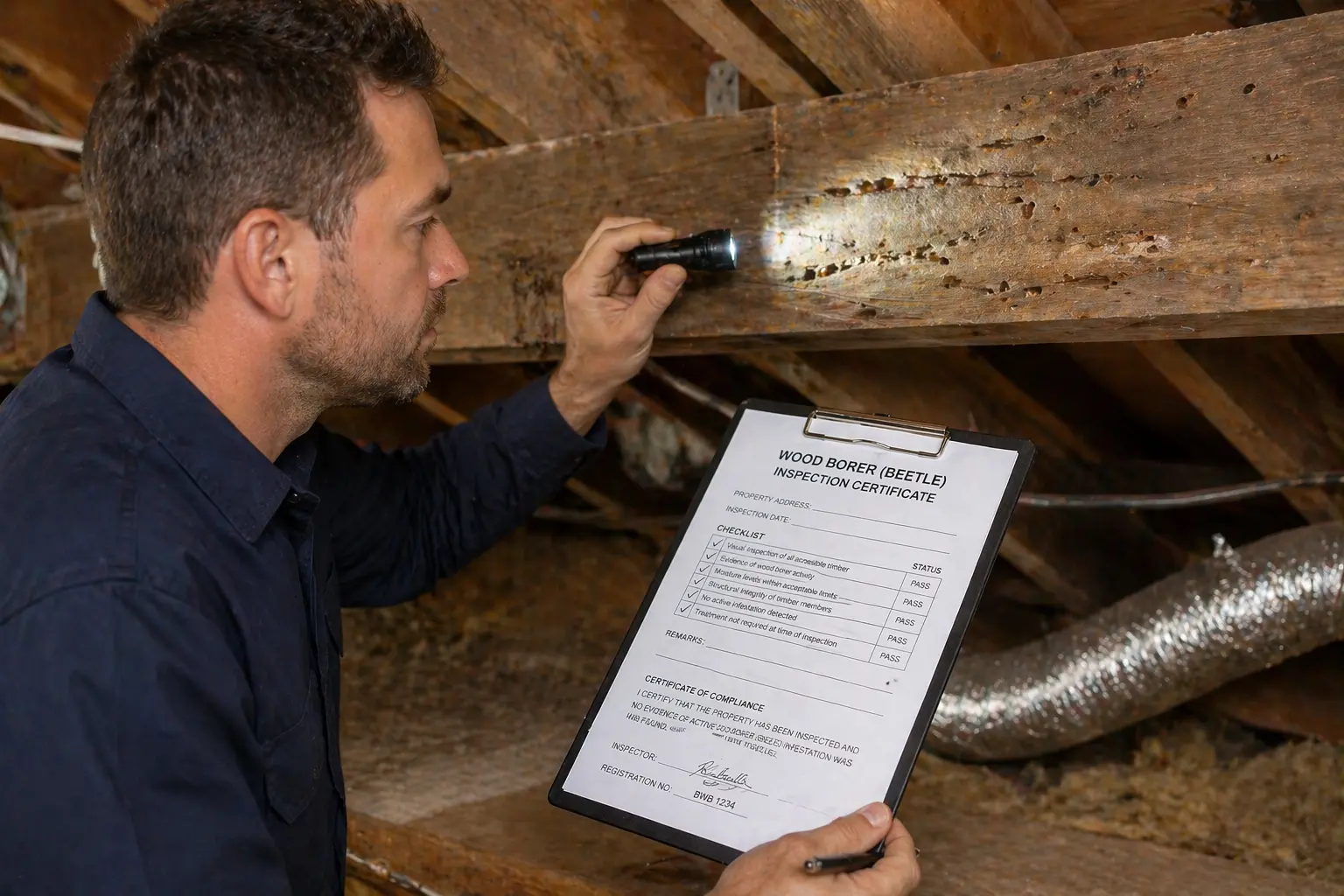 Photo of a pest control specialist conduction a coc inspection for a beetle certificate of compliance.