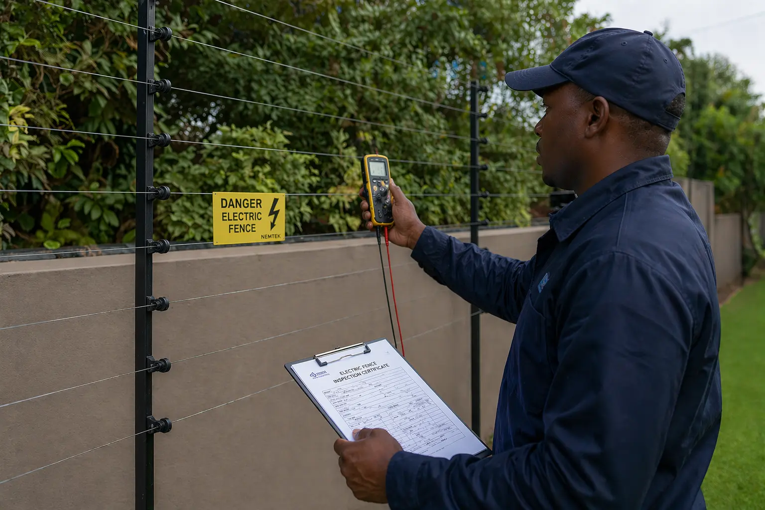 Photo of a coc electrician conducting an electric fence coc inspection.