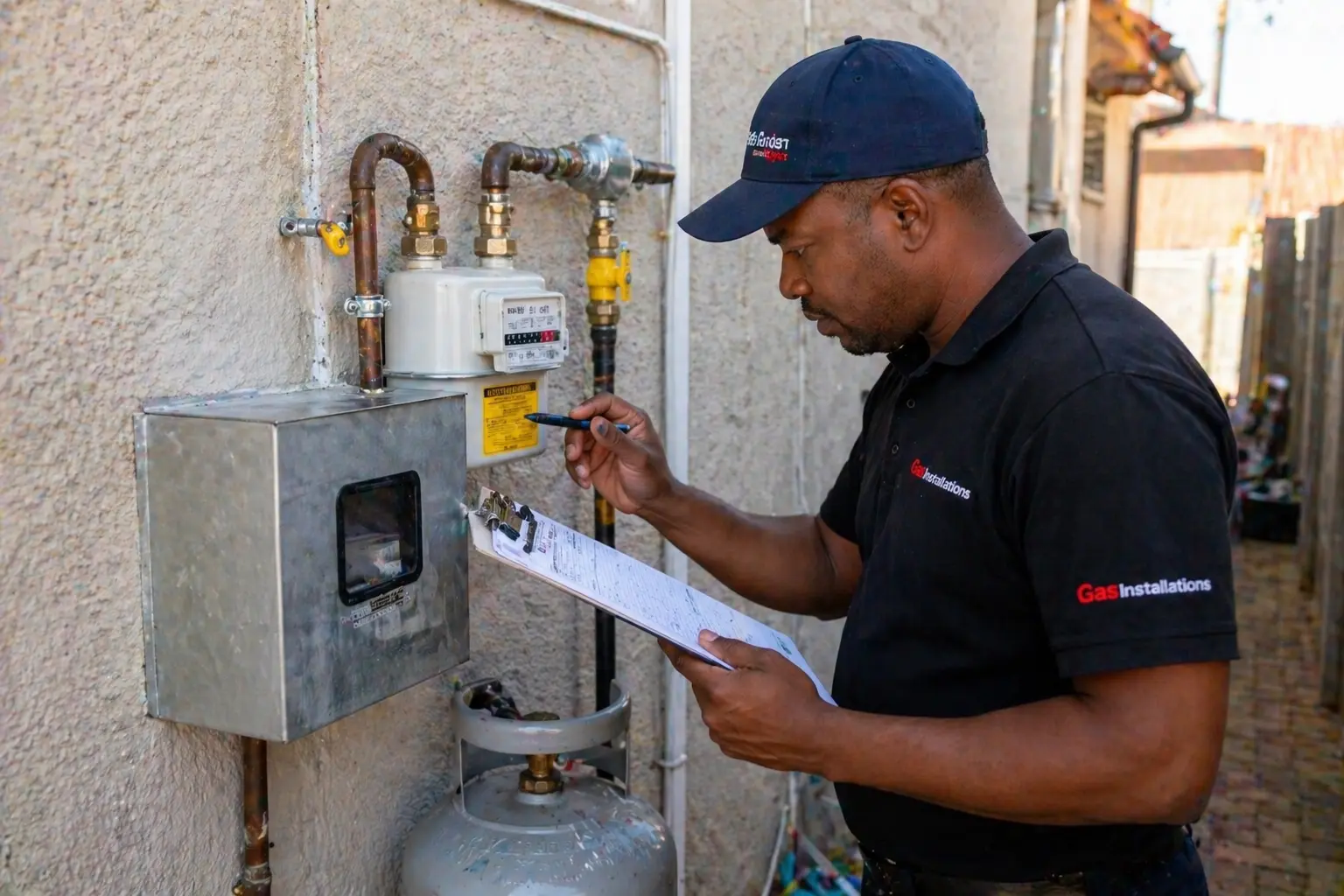 Photo of a lpg installer conducting a gas coc inspection on the outside of a home in cape town.