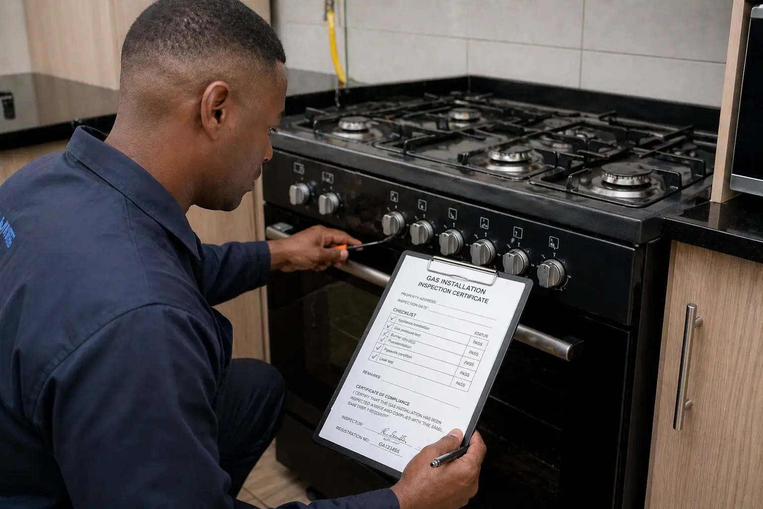 Photo of an lpg gas installer conducting a gas coc inspection on a gas stove for lp gas safety compliance.