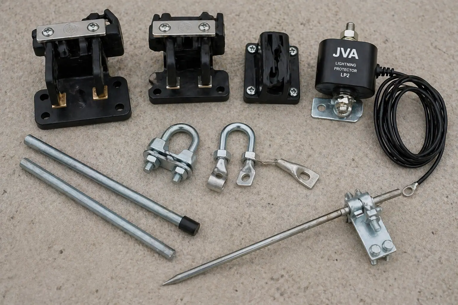 Photo of components for gate contact, lug, round bar and lightning protection for electric fence systems