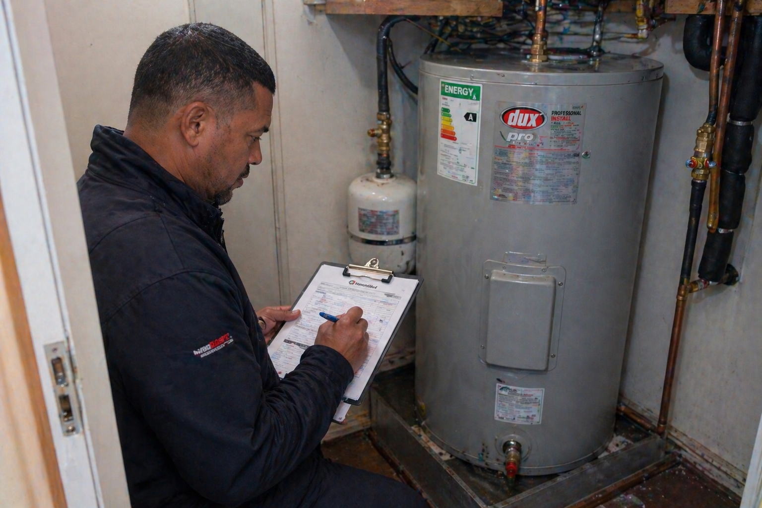 Photo of a pirb-registered plumber conducting a plumbing coc inspection on a geyser.