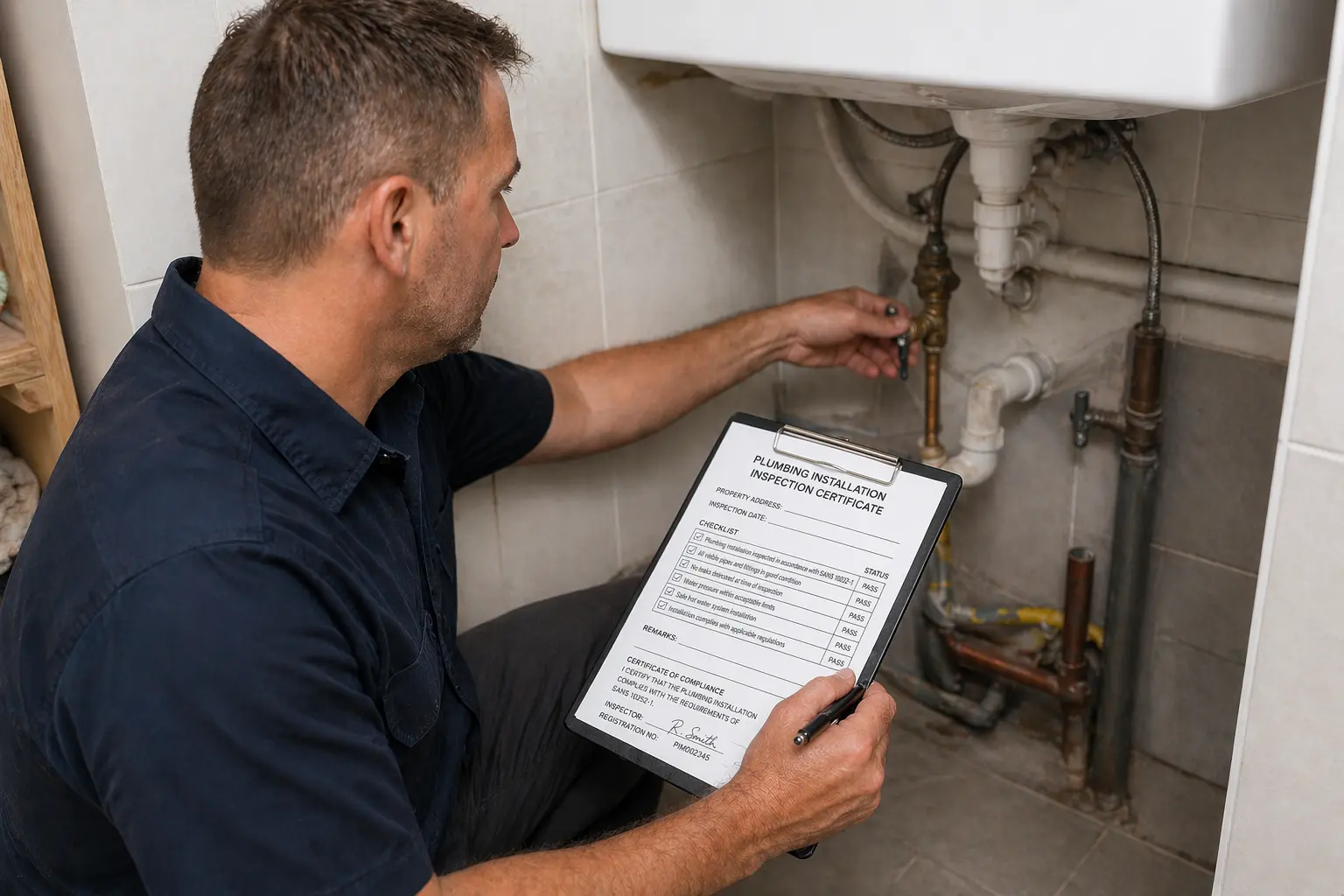 Photo of a qualified plumber conducting a plumbing coc inspection to issue a compliance certificate.