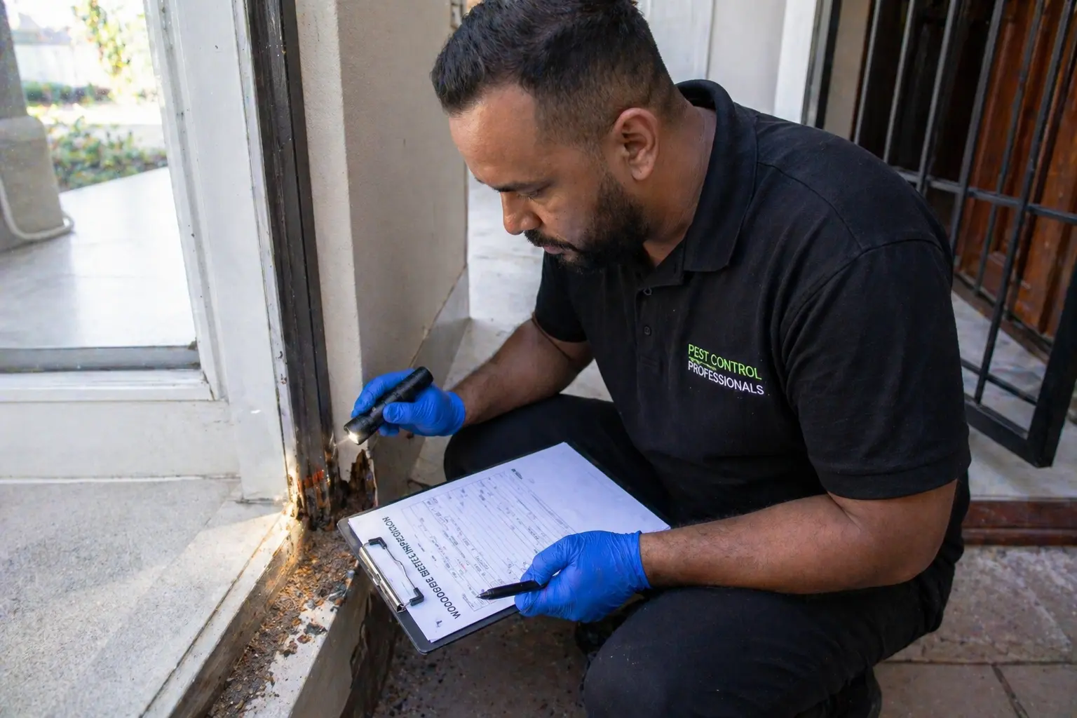 Photo of a pest control professional conducting a coc inspection for woodborer beetles.